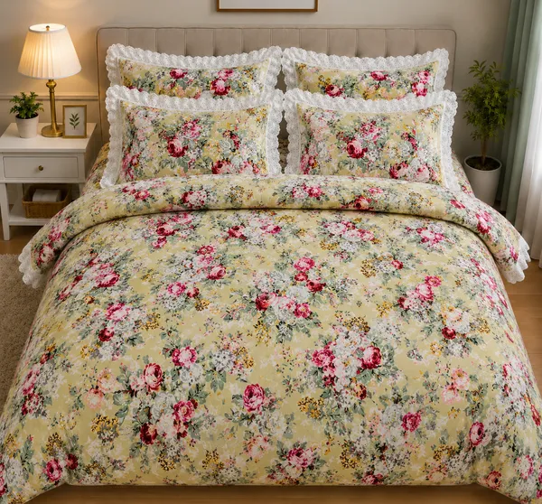 Cotton_|_Super_King_Size_|_Flat_Bedsheet_|_Lemon_With_Multiflowers_Design_With_Lace_on_2_Pillow_Covers|_-_Gulista_Noor