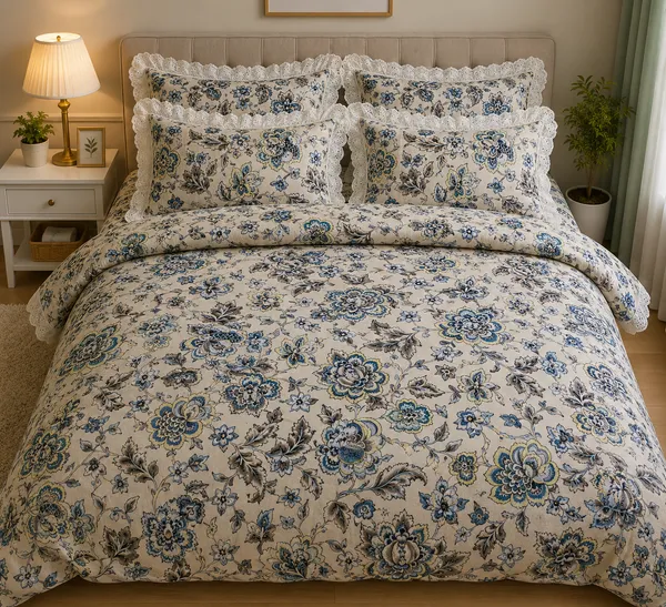 Cotton_|_Super_King_Size_|_Flat_Bedsheet_|_White_With_Blue_Flower_Design_With_Lace_on_2_Pillow_Covers|_-_Gulista_Noor