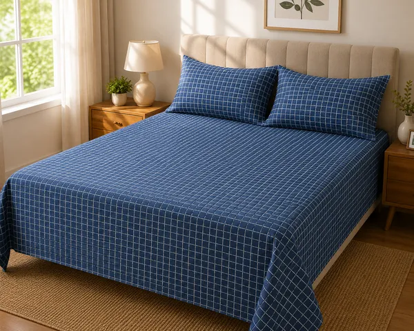 Gulmohar-:Blue_Check_Print_Super_King_Size_Bedsheet