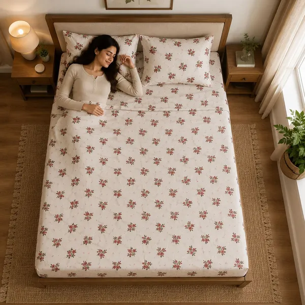 Glace_Cotton_|_Queen_Size_|_Flat_Bedsheet_|_Cream_With_Flower_Design_With_2_Pillow_Covers|_-_Gulmohar