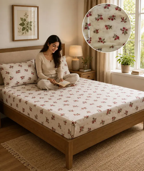 Glace_Cotton_|_Queen_Size_|_Flat_Bedsheet_|_Cream_With_Flower_Design_With_2_Pillow_Covers|_-_Gulmohar