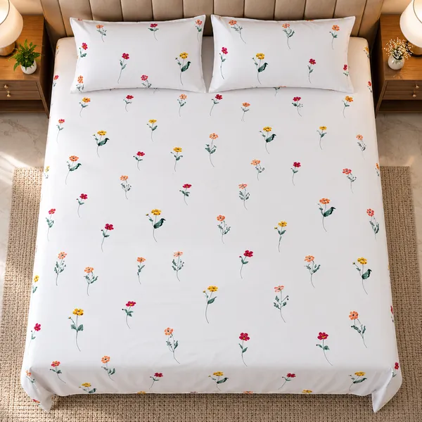 Cotton_|_Super_King_Size_|_Flat_Bedsheet_|_White_With_Yellow_|_2_Pillow_Covers|_-_Satrang