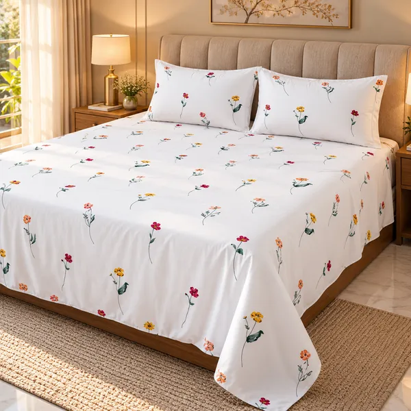 Cotton_|_Super_King_Size_|_Flat_Bedsheet_|_White_With_Yellow_|_2_Pillow_Covers|_-_Satrang