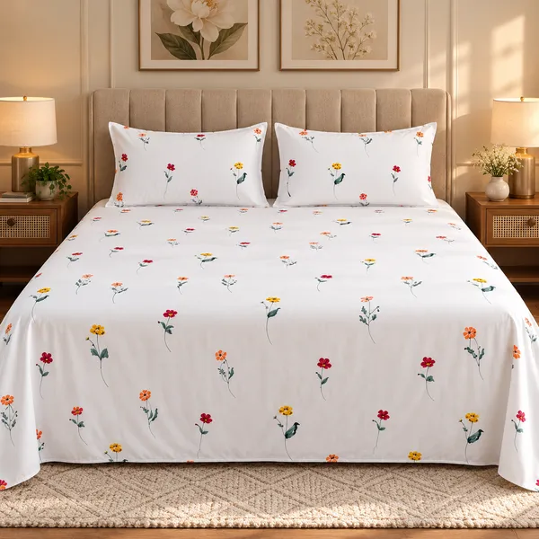 Cotton_|_Super_King_Size_|_Flat_Bedsheet_|_White_With_Yellow_|_2_Pillow_Covers|_-_Satrang