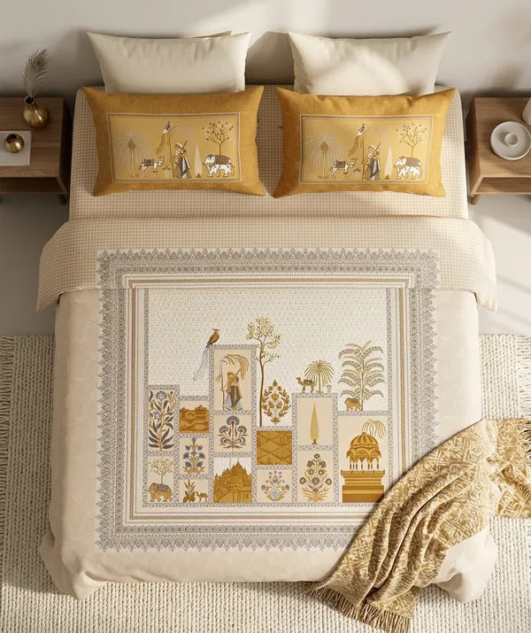 Cotton_|_Super_King_Size_|_Flat_Bedsheet_|_White_and_Yellow_With_2_Contrast_Pillow_Covers_|_-_Kashish