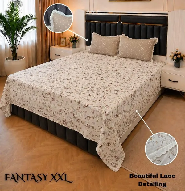 Cotton_|_Super_King_Size_|_Flat_Bedsheet_|_Cream_With_Lace_on_2_Contrast_Pillow_Covers|_-_Fantasy