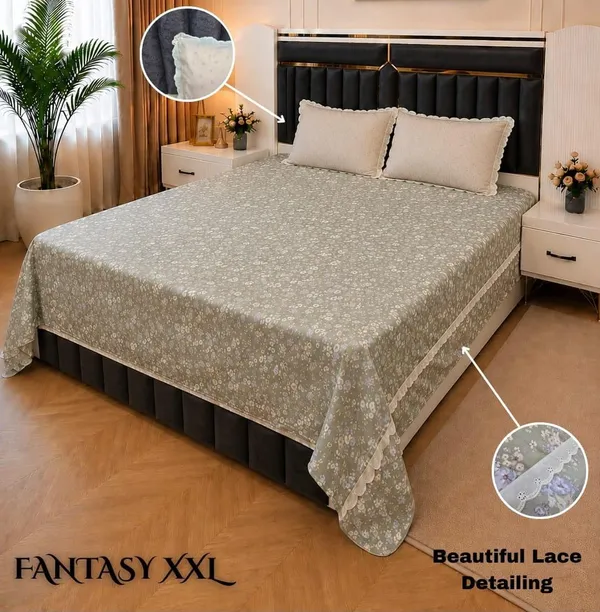 Cotton_|_King_Size_|_Flat_Bedsheet_|_Multi_Color_With_Lace_on_2_Contrast_Pillow_Covers|_-_Fantasy