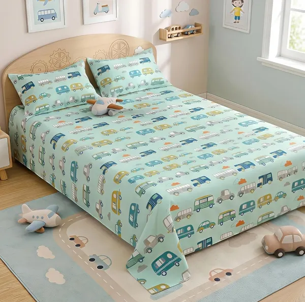 Cotton_Blend_|_Super_King_Size_|_Flat_Bedsheet_|_Blue_With_Multi_Cars_Design_With_2_Pillow_Covers|_-_Little_Dreamers