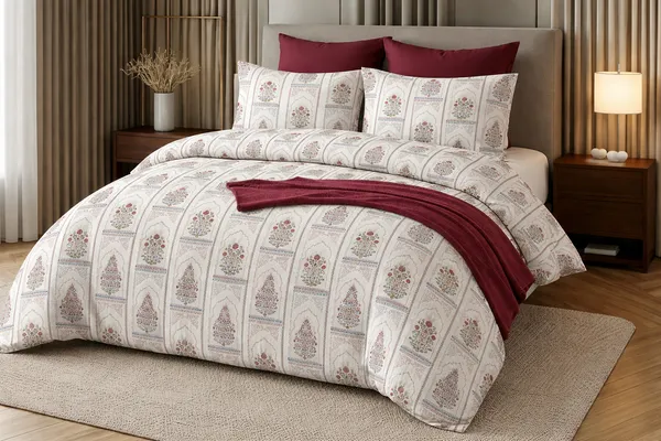 Cotton_|_Super_King_Size_|_Flat_Bedsheet_|_Heritage_Maroon_Mughal_Print_With_2_Pillow_Covers|_-_Royal_Weave
