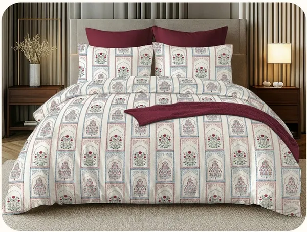 Cotton_|_Super_King_Size_|_Flat_Bedsheet_|_Heritage_Maroon_Mughal_Print_With_2_Pillow_Covers|_-_Royal_Weave