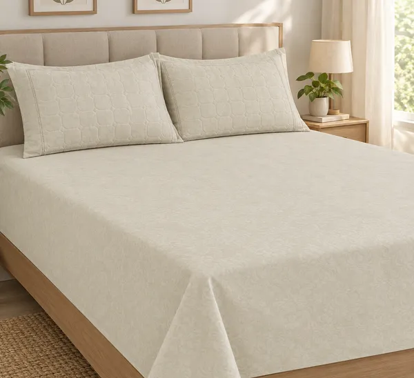 Cotton_Blended|_Super_King_Size_|_Flat_Bedsheet_|_Cream_With_2_Quilted_Pillow_Covers|_-_Aakriti