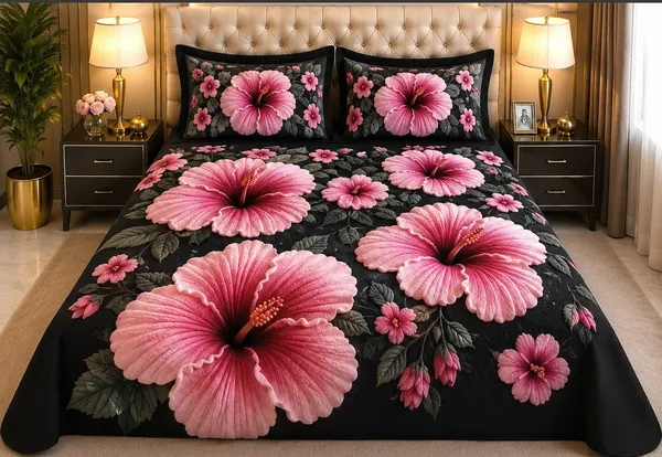 Glace_Cotton_|_Super_King_Size_|_Flat_Bedsheet_|_Black_With_Pink_Flowers_Faux_Weaving_With_2_Pillow_Covers_|_-_Maya_Nest