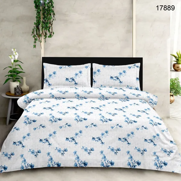 Cotton_|_Super_King_Size|_Flat_Bedsheet_|White_With_Blue_Flowers|_2_Pillow_Covers|_-_Sootra