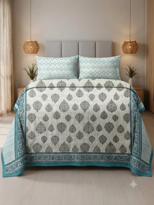 Cotton_|_Super_King_Size_|_Flat_Bedsheet_|_White_and_Blue_With_2_Pillow_Covers|_-_Nazakat