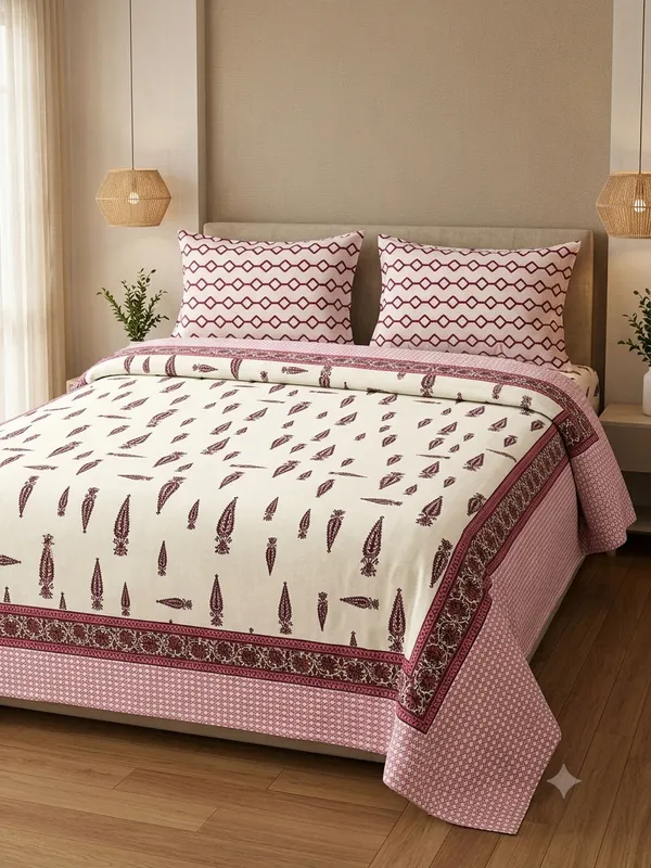 Cotton_|_Super_King_Size_|_Flat_Bedsheet_|_White_with_Pink_With_2_Pillow_Covers|_-_Nazakat