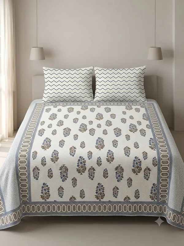 Cotton_|_Super_King_Size_|_Flat_Bedsheet_|_White_with_Sky_Blue_With_2_Pillow_Covers|_-_Nazakat