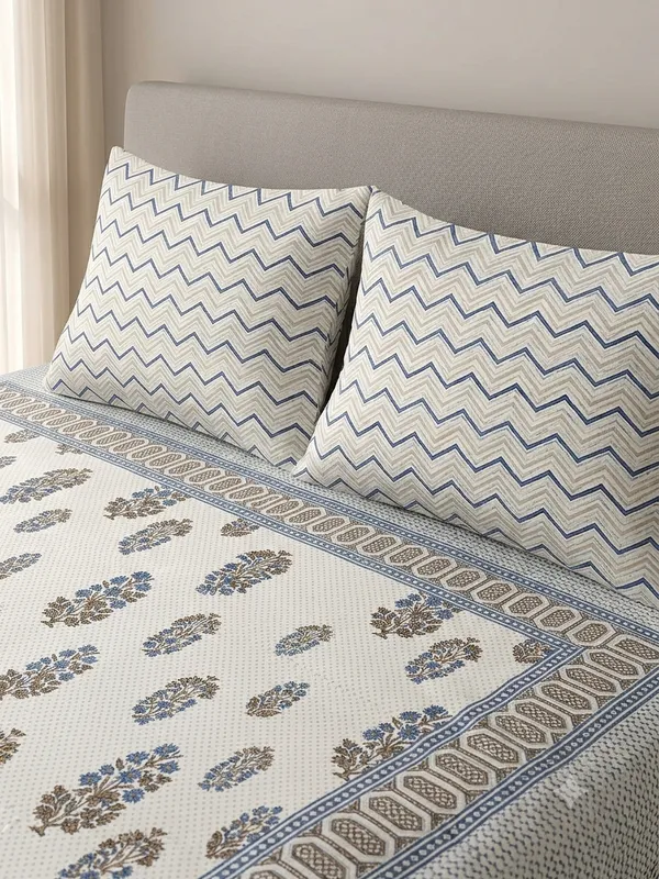 Cotton_|_Super_King_Size_|_Flat_Bedsheet_|_White_with_Sky_Blue_With_2_Pillow_Covers|_-_Nazakat