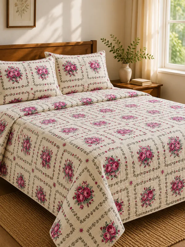 Pushkarni_-_White_and_Pink_with_Quilted_Pillow_Cover_King_Size_Bedsheet