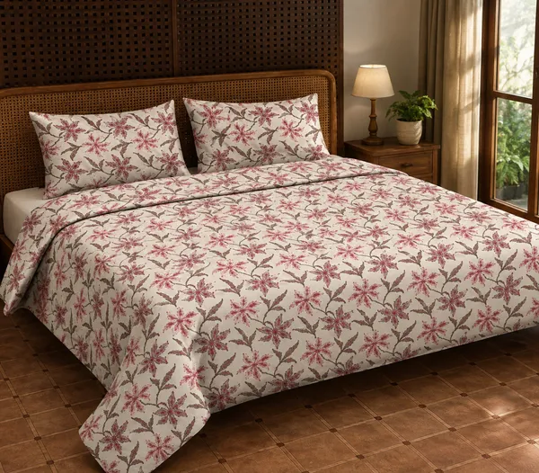 Cotton_|_Super_King_Size_|_Flat_Bedsheet_|_White_With_Pink_Color_With_2_Pillow_Covers|_-_Ojas_Collection