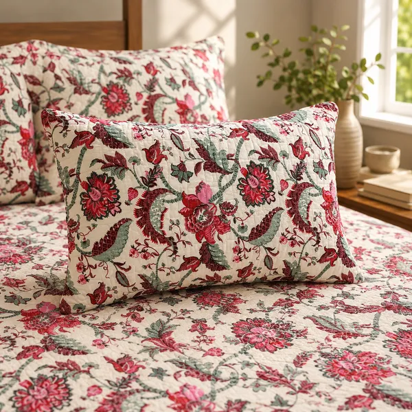 Cotton_|__King_Size_|_Flat_Bedsheet_|White_and_Pink_|_2_Quilted_Pillow_Covers|_-_Pushkarni