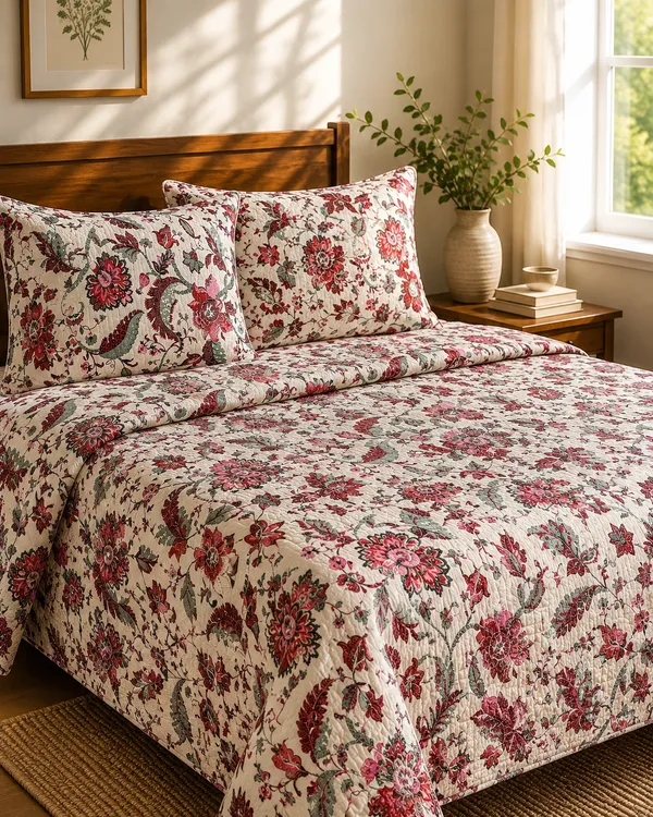 Cotton_|__King_Size_|_Flat_Bedsheet_|White_and_Pink_|_2_Quilted_Pillow_Covers|_-_Pushkarni