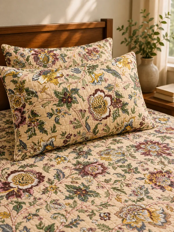 Cotton_|__King_Size_|_Flat_Bedsheet_|Beige_With_Multicolor_|_2_Quilted_Pillow_Covers|_-_Pushkarni