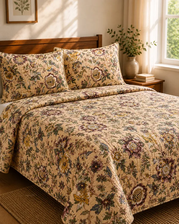 Cotton_|__King_Size_|_Flat_Bedsheet_|Beige_With_Multicolor_|_2_Quilted_Pillow_Covers|_-_Pushkarni