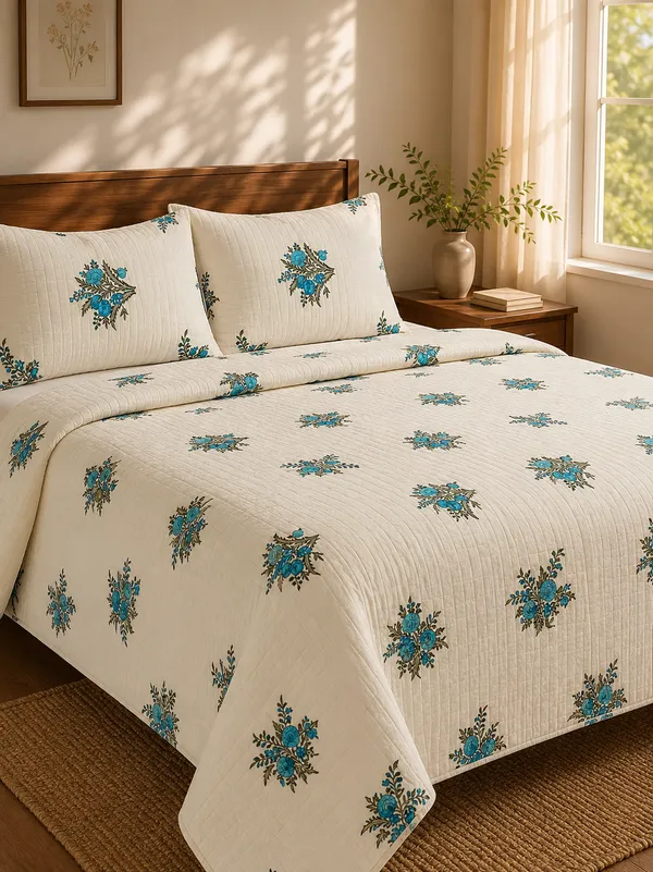 Cotton_|__King_Size_|_Flat_Bedsheet_|White_With_Blue_Flowers_|_2_Quilted_Pillow_Covers|_-_Pushkarni