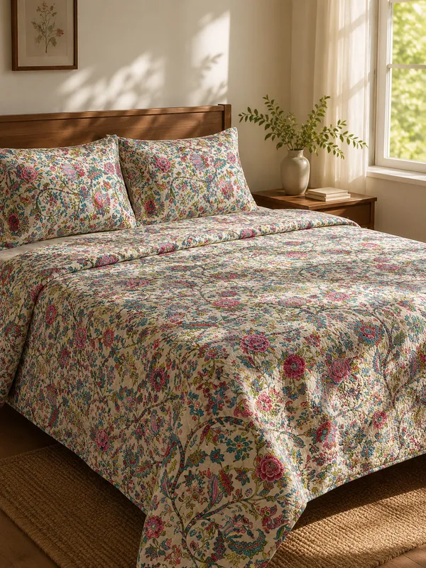 Cotton_|__King_Size_|_Flat_Bedsheet_|White_with_Multi_|_2_Quilted_Pillow_Covers|_-_Pushkarni