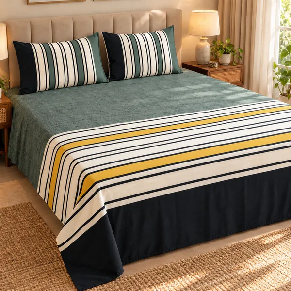 Cotton_|__Super_King_Size_|_Flat_Bedsheet_|_Green_With_Blue_Design_|_2_Pillow_Covers|_-_Marina