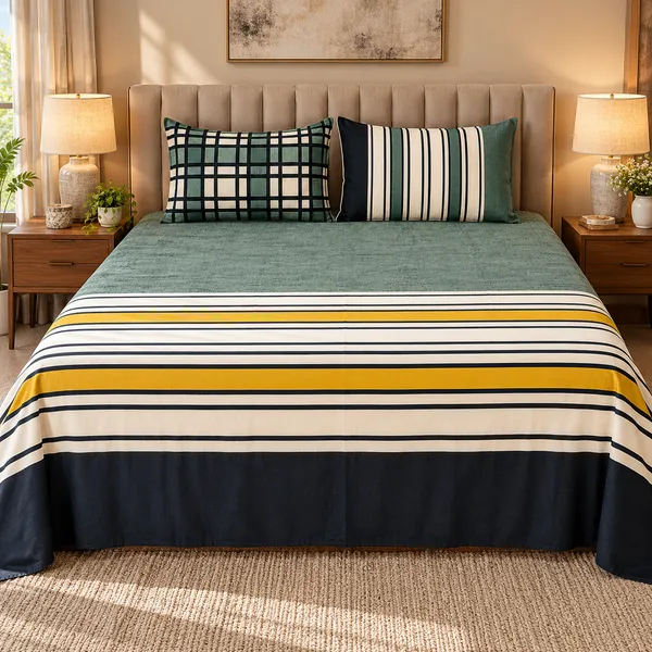 Cotton_|__Super_King_Size_|_Flat_Bedsheet_|_Green_With_Blue_Design_|_2_Pillow_Covers|_-_Marina