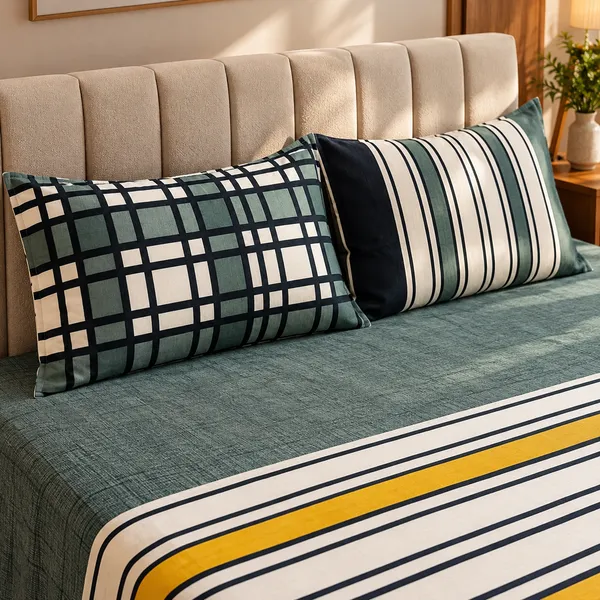 Cotton_|__Super_King_Size_|_Flat_Bedsheet_|_Green_With_Blue_Design_|_2_Pillow_Covers|_-_Marina