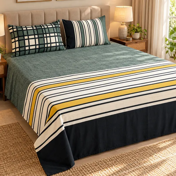 Cotton_|__Super_King_Size_|_Flat_Bedsheet_|_Green_With_Blue_Design_|_2_Pillow_Covers|_-_Marina