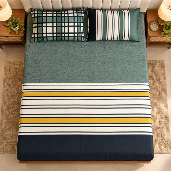 Cotton_|__Super_King_Size_|_Flat_Bedsheet_|_Green_With_Blue_Design_|_2_Pillow_Covers|_-_Marina