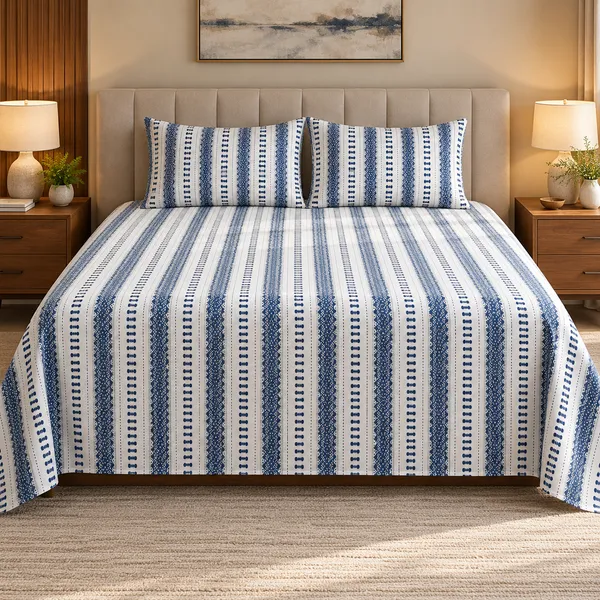 Cotton_|__Super_King_Size_|_Flat_Bedsheet_|_White_With_Blue_Design_|_2_Pillow_Covers|_-_Yarn_Weave