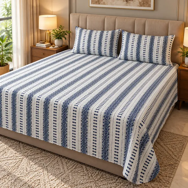 Cotton_|__Super_King_Size_|_Flat_Bedsheet_|_White_With_Blue_Design_|_2_Pillow_Covers|_-_Yarn_Weave