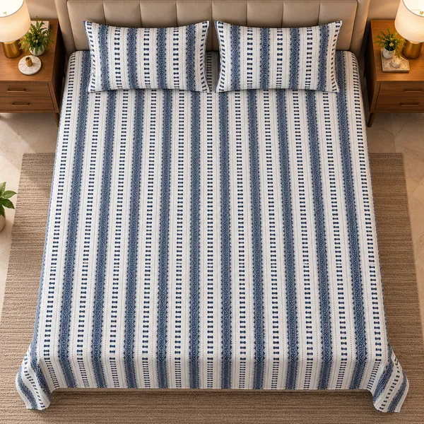 Cotton_|__Super_King_Size_|_Flat_Bedsheet_|_White_With_Blue_Design_|_2_Pillow_Covers|_-_Yarn_Weave