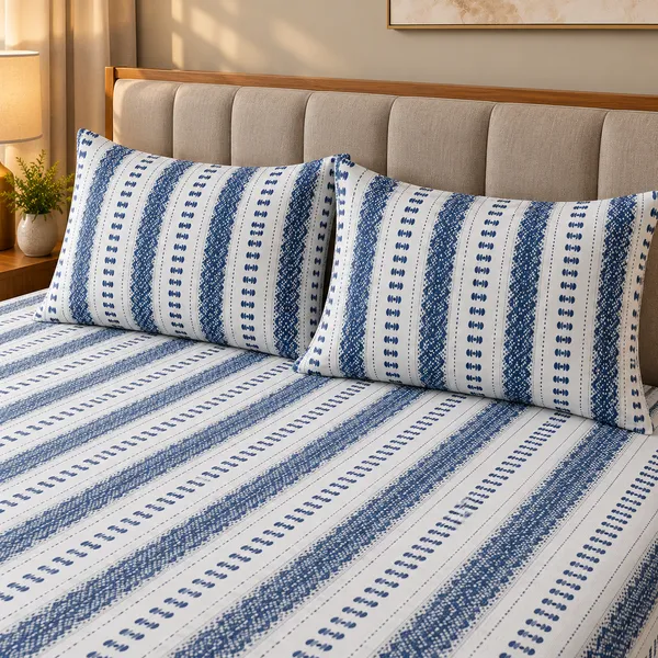Cotton_|__Super_King_Size_|_Flat_Bedsheet_|_White_With_Blue_Design_|_2_Pillow_Covers|_-_Yarn_Weave