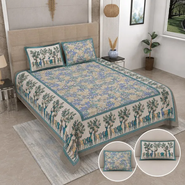 Cotton_|_King_Size_|_Flat_Bedsheet_|_Blue_With_Deer_Print_With_2_Pillow_Covers|_-_Royal_Walk
