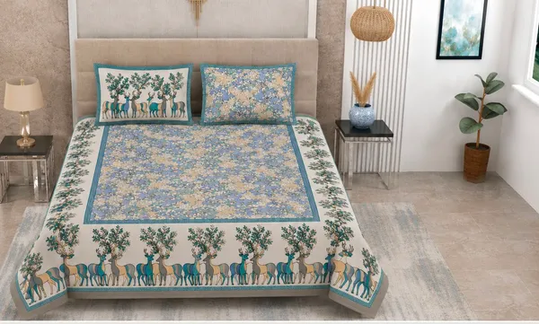 Cotton_|_King_Size_|_Flat_Bedsheet_|_Blue_With_Deer_Print_With_2_Pillow_Covers|_-_Royal_Walk