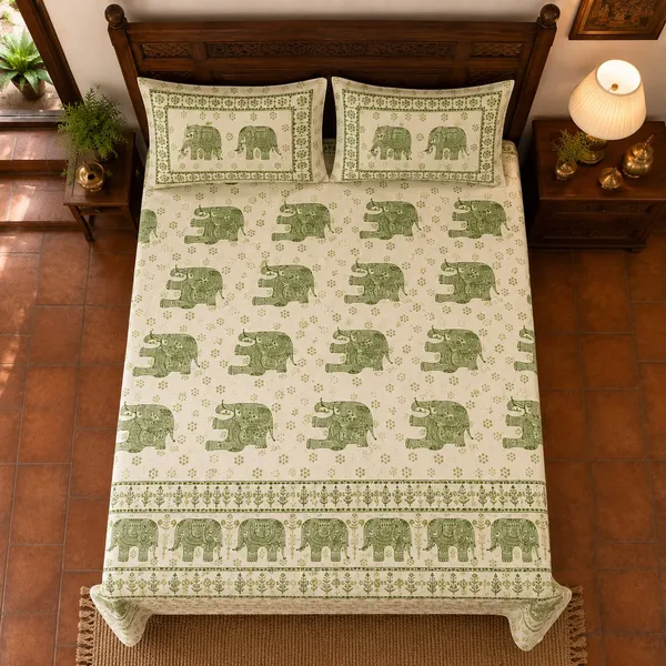 Royal_Walk_-_Elephant_Print_in_Green_and_Beige_Color_King_Size_Bedsheet