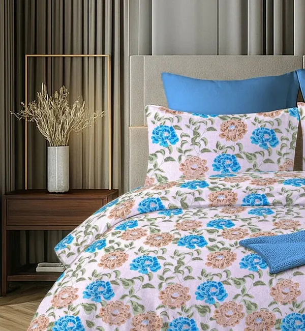 Cotton_|_Super_King_Size_|_Flat_Bedsheet_|_Peach_With_Blue_Flowers_With_2_Pillow_Covers|_-_Royal_Weave