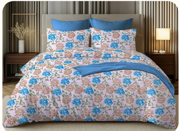 Cotton_|_Super_King_Size_|_Flat_Bedsheet_|_Peach_With_Blue_Flowers_With_2_Pillow_Covers|_-_Royal_Weave