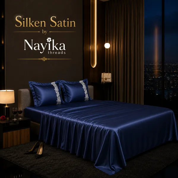 Satin_|_Super_King_Size_|_Flat_Bedsheet_|_Blue_With_Lace_on_2_Pillow_Covers|_-_Silken_Shine