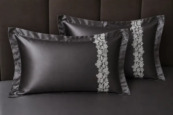 Satin_|_Super_King_Size_|_Flat_Bedsheet_|_Dark_Grey_With_Lace_on_2_Pillow_Covers|_-_Silken_Shine