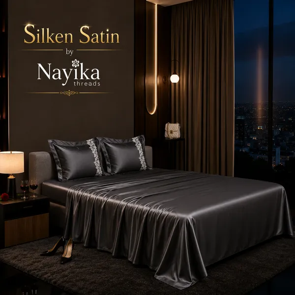 Satin_|_Super_King_Size_|_Flat_Bedsheet_|_Dark_Grey_With_Lace_on_2_Pillow_Covers|_-_Silken_Shine