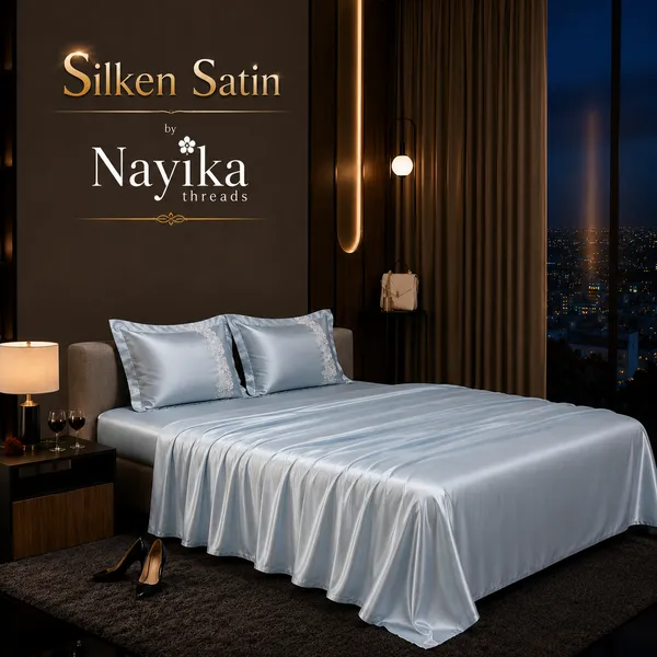 Satin_|_Super_King_Size_|_Flat_Bedsheet_|_Sky_Blue_With_Lace_on_2_Pillow_Covers|_-_Silken_Shine