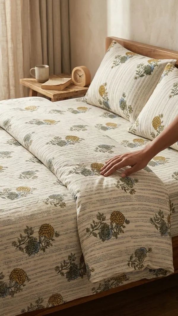 Cotton_|__Super_King_Size_|_Bedsheet_|_Grey_With_Yellow_Flower_Handblock_|_2_Pillow_Covers|_-Star_Loom