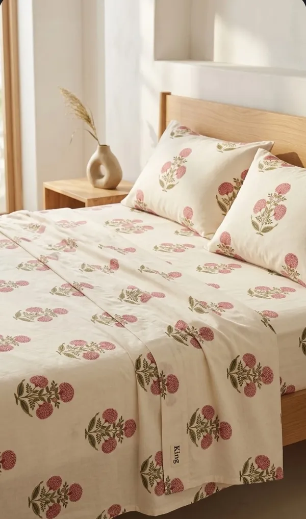 Cotton_|__Super_King_Size_|_Bedsheet_|_White_With_Pink_Handblock_|_2_Pillow_Covers|_-Star_Loom