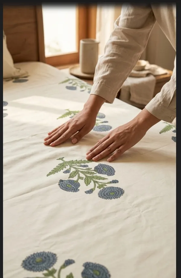 Cotton_|__Super_King_Size_|_Bedsheet_|_White_With_Blue_Flower_Handblock_|_2_Pillow_Covers|_-Star_Loom